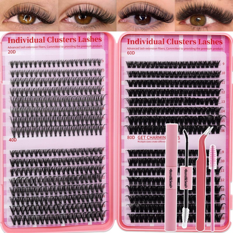 RITALASH Lash Extension Kit DIY Lash Clusters Kit Cluster Lashes Eyelash Extension Kit Individual Lashes 640pcs with Lash Bond and SealLash TweezersMascara Brush640pcs 20D40D60D80D Kit916mm